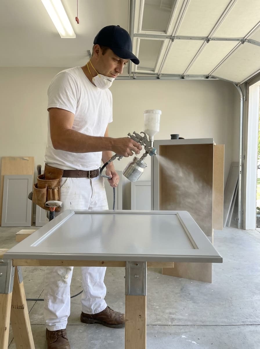 Spraying kitchen cabinet doors for a refinish project