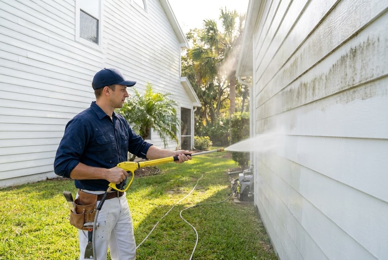 Pressure washing exterior siding before exterior paint job