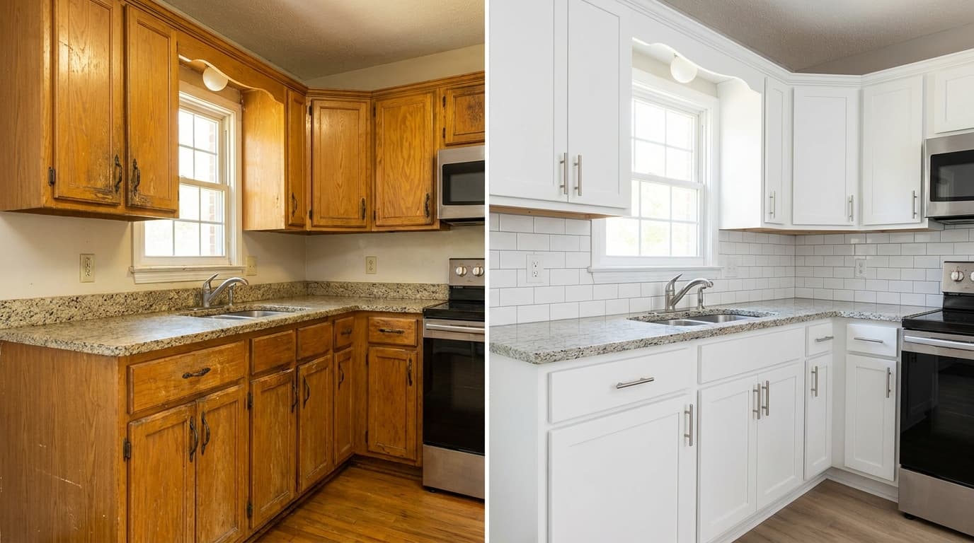 Kitchen cabinets before and after — honey oak to crisp white