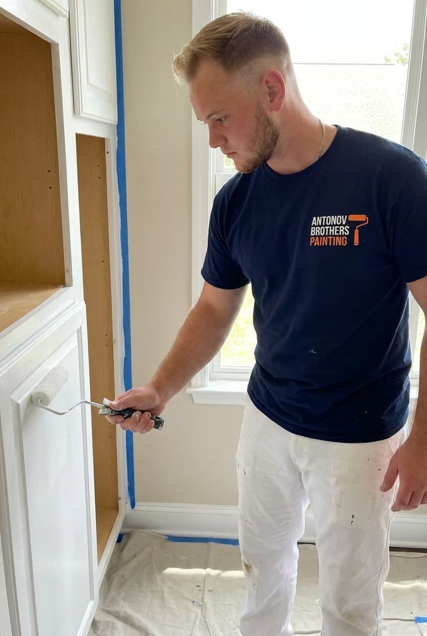 Rolling a smooth even finish on cabinet faces — cabinet refinishing Jacksonville