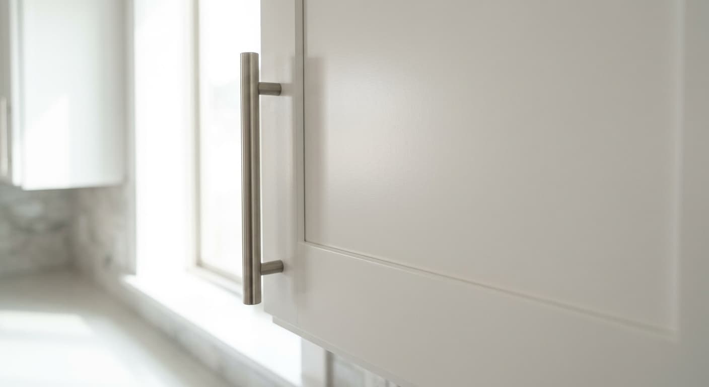 Smooth factory-quality white cabinet door with a sleek new handle — detail