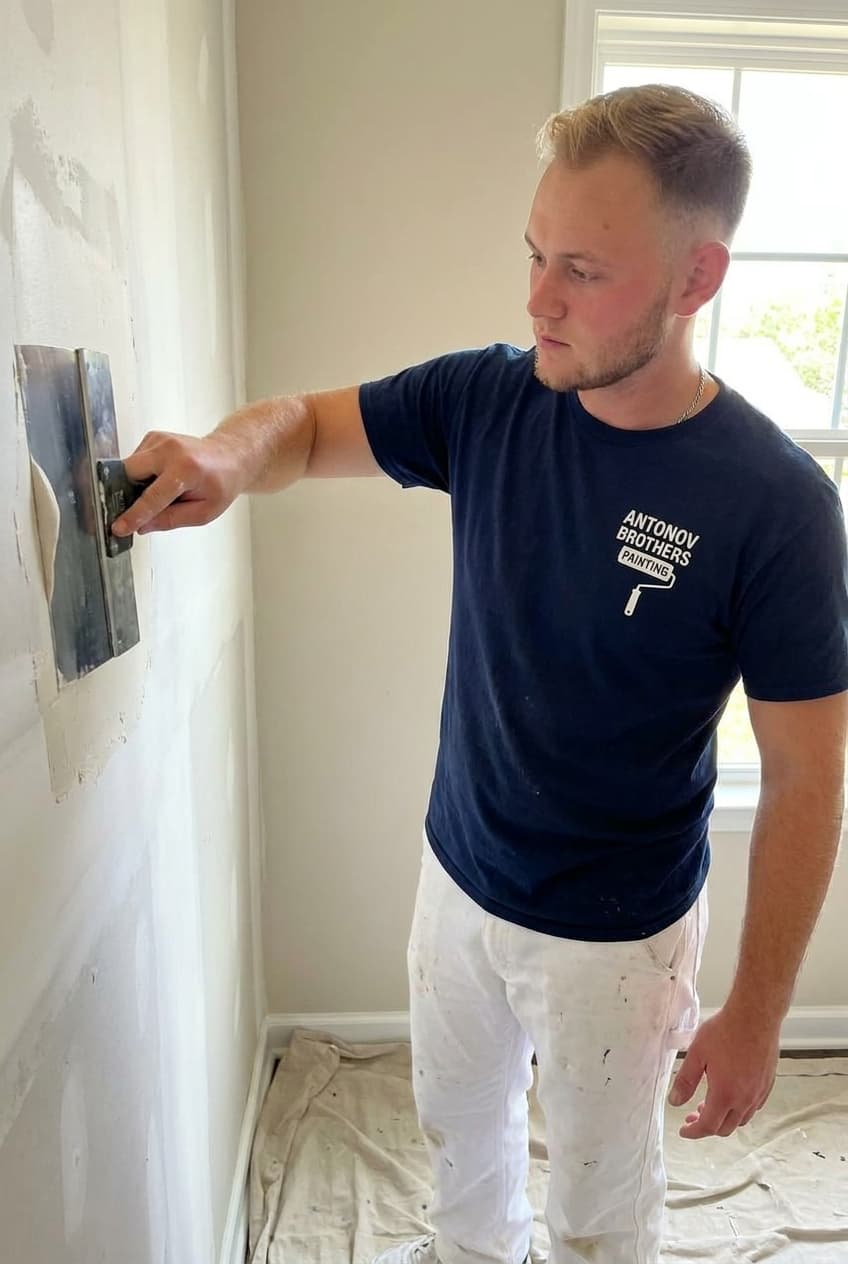 Antonov Brothers painter smoothing joint compound on a wall patch