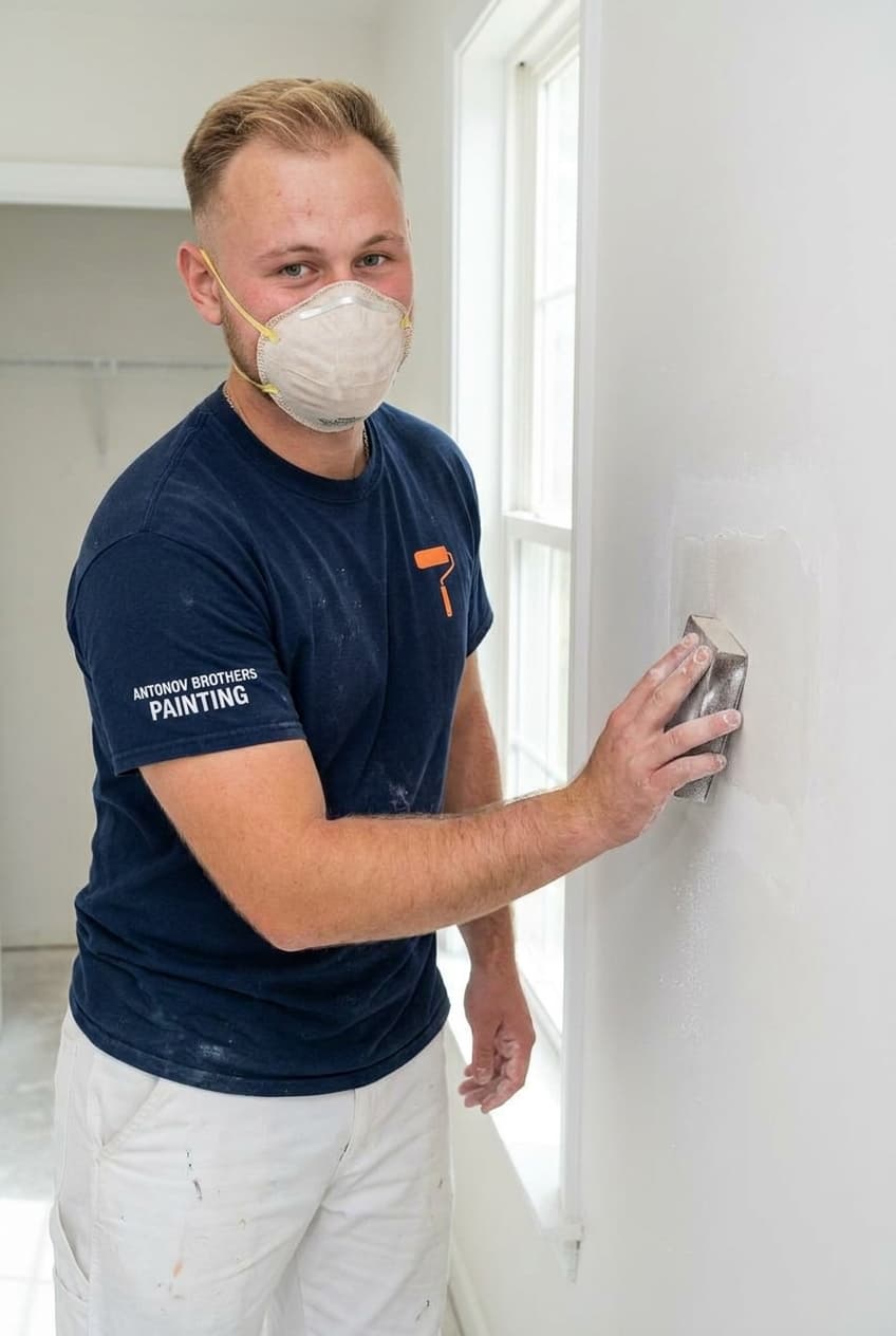 Sanding a patched wall smooth before paint — drywall repair Jacksonville