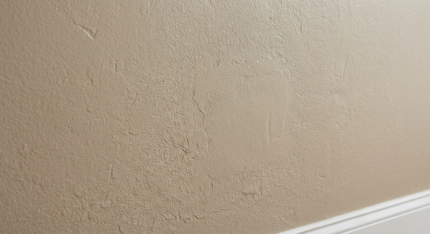Invisible drywall patch blended into knockdown texture — detail