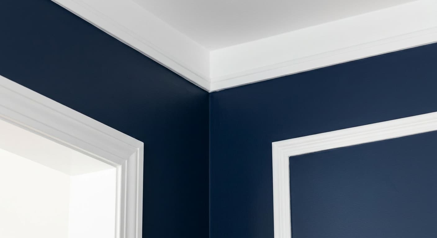 Crisp paint edge where a navy accent wall meets clean white trim