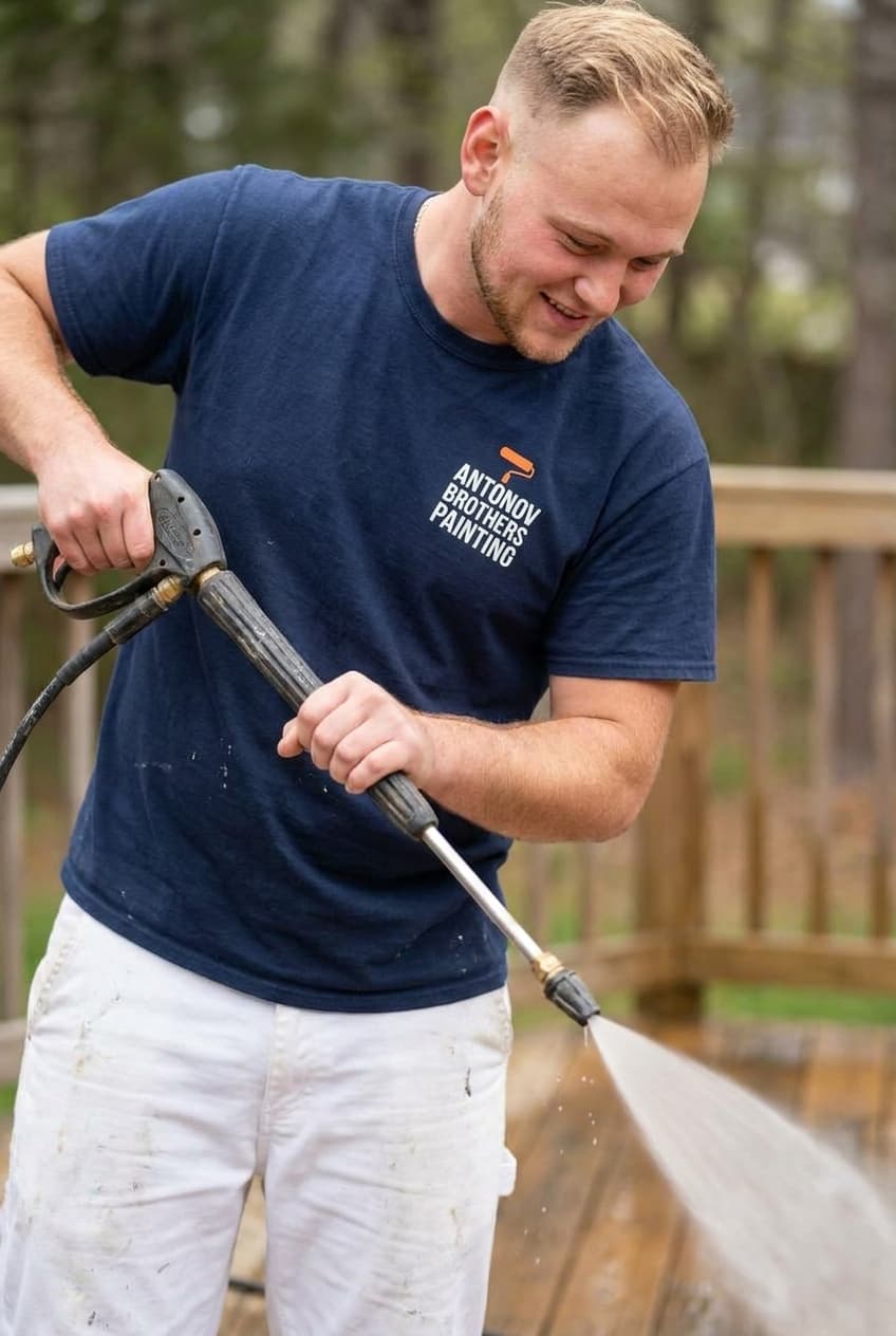 Pressure washing a wood deck before staining