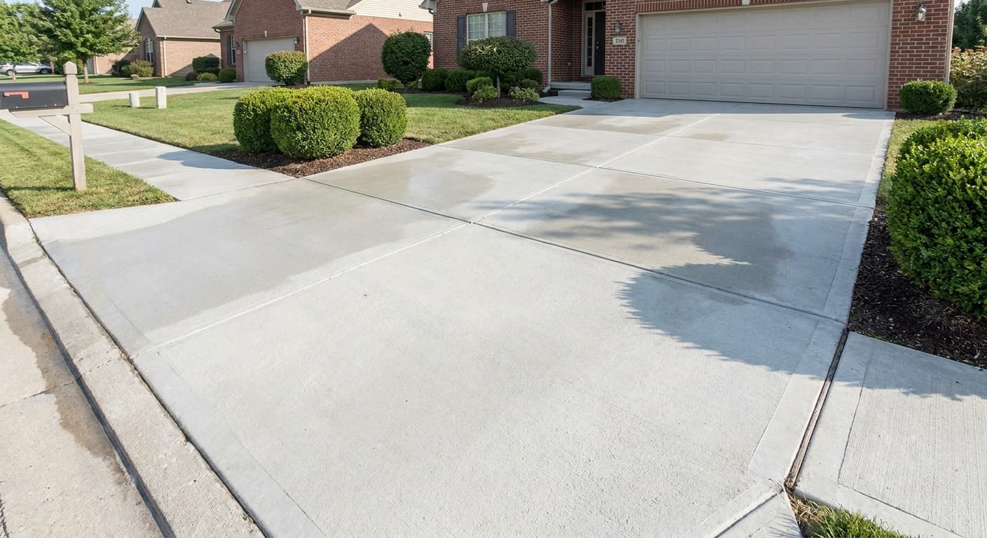 Spotless freshly pressure-washed driveway and sidewalk