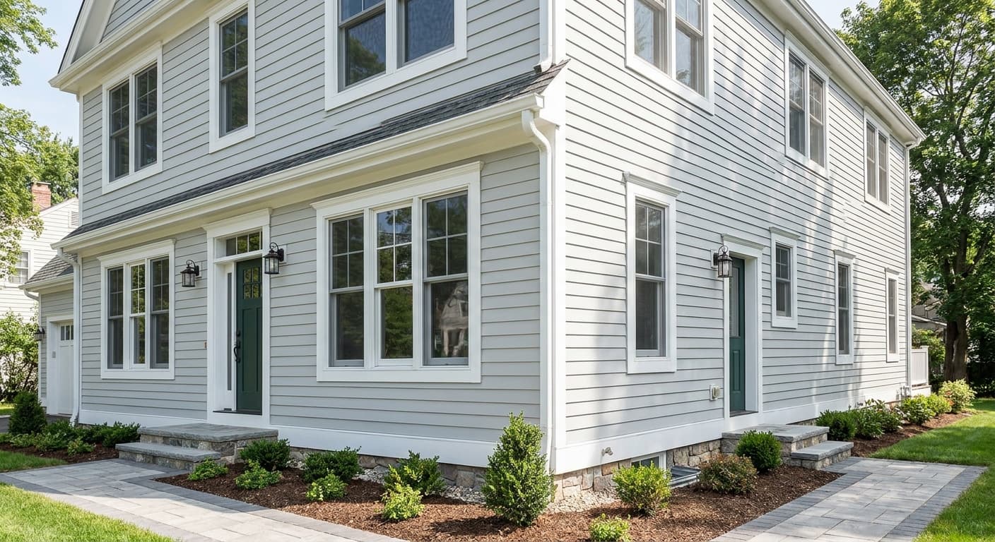 Bright clean house siding after pressure washing — mildew removed